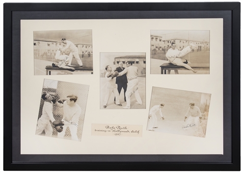 1927 Babe Ruth Signed 26.5 x 36" Framed "Training In Hollywood" Photo Collage - Featuring 5 Babe Ruth Single Signed Photos (PSA/DNA & JSA)